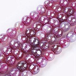 Natural Striped Agate/Banded Agate Beads Strands, Pearl Luster Plated, Faceted, Round, Old Rose, 8mm, Hole: 1.2mm, about 48~49pcs/strand, 15.1 inch~15.5 inch(38.5~39.5cm)