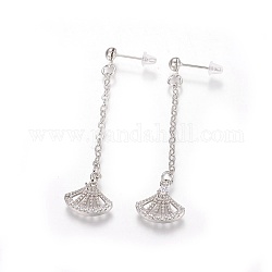 Brass Cubic Zirconia Stud Earrings, with Cable Chains, Fan Shape, Platinum, 55~57mm, Pin: 0.8mm