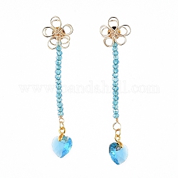 Stud Earrings, with Heart Glass Charms, Rondelle Glass Beads, Iron Stud Earring Findings, Brass Wire Beads & Ear Nuts, Deep Sky Blue, 64mm, Pendant: 14x10x5.9mm, Pin: 0.6mm