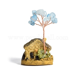 Resin Display Decorations, Reiki Energy Stone Feng Shui Ornament, with Natural Aquamarine Tree and Copper Wire, House, 38x30x55~65mm