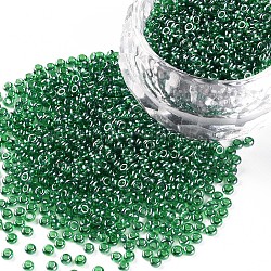 Perline di semi di vetro rotonde di grado 12/0, colori trasparenti lustered, verde, 2x1.5mm, Foro: 0.3 mm, 5000pcs/50g