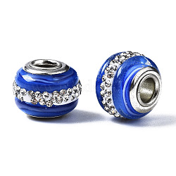 Perles européennes vernissées manuelles, avec strass en pâte polymère, perles de rondelle avec grand trou , en laiton de tonalité de platine noyaux doubles, rondelle, bleu, 14x11mm, Trou: 4.5mm