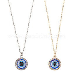 ANATTASOUL 2Pcs 2 Colors Blue Plastic Evil Eye with Crystal Rhinestone Pendant Necklaces Set, Alloy Jewelry for Women, Platinum & Light Gold, 18.62 inch(47.3cm), 1Pc/color