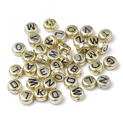 Perles acryliques plaquées, trou horizontal, plat rond avec la lettre, plaqué or, 7x4mm, Trou: 1mm, environ 360 pcs/50 g