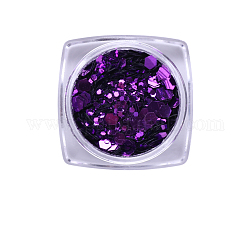 Hexagone brillant accessoires de décoration nail art, avec poudre scintillante et paillettes, paillettes scintillantes diy, violet foncé, poudre: 0.1~0.5x0.1~0.5mm, paillettes: 0.5~3.5x0.5~3.5mm, environ 1,g/boîte