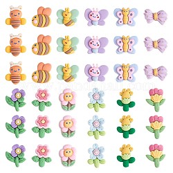 48 pz 12 stili opachi cabochon in resina simpatico cartone animato, ape e farfalla e fiore e fiocco, forme misto, colore misto, 17~22x15~23mm, 2pcs / style