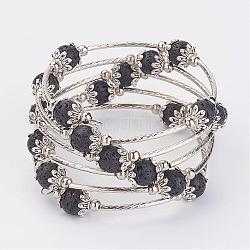 Cinque anelli avvolgono i braccialetti di perle di roccia lavica, Con bordo in tubo d'ottone, distanziali tallone di ferro, Coppette copriperla di perline stile tibetano, 2-1/4 pollice (58 mm)