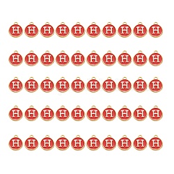 Breloques en alliage plaqué or, avec l'émail, paillettes émaillées, plat rond, rouge, letter.h, 14x12x2mm, Trou: 1.5mm, 50 pcs / boîte