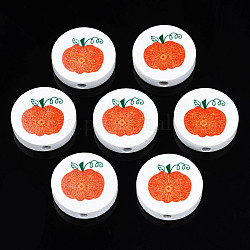 Perline di legno naturale stampate a tema autunnale, tondo piatto con motivo a zucca, arancio rosso, 19~20x5.9mm, Foro: 2~2.2 mm