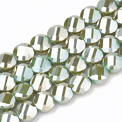 Electroplate Opaque Solid Color Glass Beads Strands, Faceted, Flat Round, Olive Drab, 7~8x8x5mm, Hole: 1.2mm, about 69~70pcs/strand, 20~21 inch