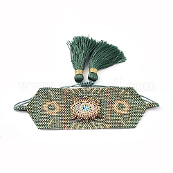 Bracelets ajustables tressés de perles de rocaille en verre, avec pendentifs pompon, doubles flèches avec oeil, vert foncé, 1-5/8 pouce ~ 3-3/8 pouces (4.1~8.5 cm)