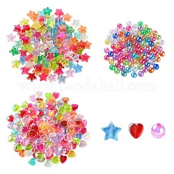 350 pièces 3 styles de perles acryliques et plastiques transparentes, coeur & étoile & rond, couleur mixte, 8mm, Trou: 1.8mm