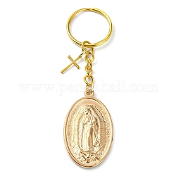 Ovaler Schlüsselanhänger aus Legierung mit der Jungfrau Maria, mit geteilten Schlüsselringen aus Eisen mit Kreuzanhänger, Religion, golden, 9.5 cm