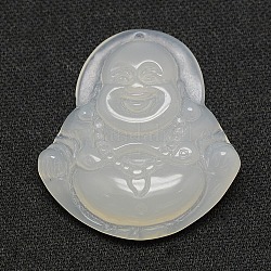 Agate naturelle pendants de camée, Bouddha, blanc, 35x32x5~9mm, Trou: 1mm