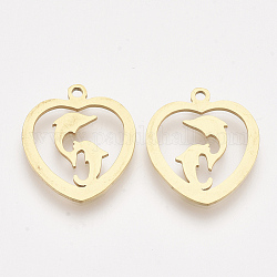 201 Stainless Steel Pendants, Laser Cut Pendants, Heart with Double Dolphin, Golden, 17.5x15.5x1mm, Hole: 1.4mm