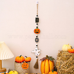 Ornamenti per alberi di nappa di perline di legno di Halloween, ghirlanda da appendere alla parete con perline fantasma di zucca per decorazioni per feste in casa, fantasma, 590x30mm