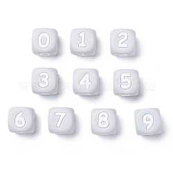 Silicone Beads, for Bracelet or Necklace Making, Arabic Numerals Style, Gray Cube,  Random Mixed Num, 10x10x10mm, Hole: 2mm