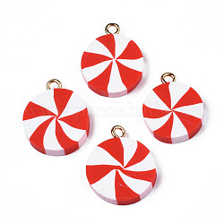 Handmade Polymer Clay Pendants, with Light Gold Iron Loop, Flat Round, Red, 19.5~20.5x15.5~16.5x3.5~4mm, Hole: 2mm