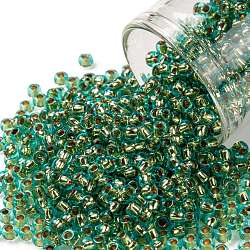 Toho perles de rocaille rondes, Perles de rocaille japonais, (755) turquoise clair doublé or 24k, 8/0, 3mm, Trou: 1mm, à propos 222pcs / bouteille, 10 g / bouteille