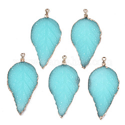 Electroplate Druzy Resin Big Pendants, with Iron Findings, Leaf, Light Gold, Turquoise, 56~57x27~28x3mm, Hole: 1.6mm