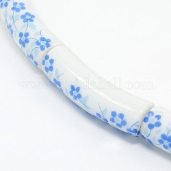 Handmade Flower Printed Porcelain Ceramic Curved Tube Beads, Curved Tube Noodle Beads Strands, Sky Blue, 32~40x9mm, Hole: 4mm, about 10pcs/strand, 14.76 inch