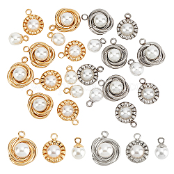 DICOSMETIC 24Pcs 3 Style 2 Color 304 Stainless Steel Pendants, with White Plastic Imitation Pearl Beads, Round, Golden & Stainless Steel Color, 9~14x9~12x3~7mm, hole: 1.5~1.8mm, 4pcs/style