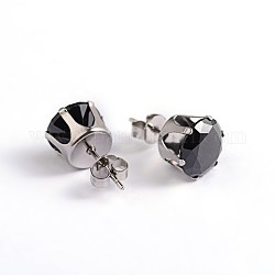 Round Cubic Zirconia Stud Earrings, with 304 Stainless Steel Pins, Black, 3mm, Pin: 0.9mm