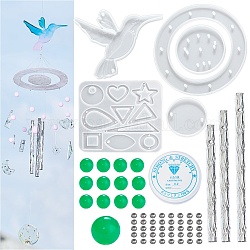 Kits de fabricación de campanas de viento de colibrí de diy, incluidos los moldes de silicona, tubo de aluminio, abalorios de acrílico e hilo de cristal, blanco, 73 PC / sistema