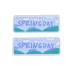 Cabujones acrílicos transparentes impresos, con polvo del brillo, rectángulo con palabra primavera, azul aciano, 50x50x2mm