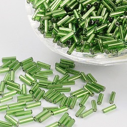 Perles de bugle en verre, Argenté, lime green, 6~8x1.8mm, Trou: 0.6mm, 1250 pcs / 50 g