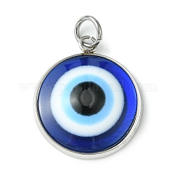 Colgantes de resina pavé de acero inoxidable, Charms de mal de ojo azul con anilla, color acero inoxidable, 23x19.5x4.5mm, agujero: 4 mm