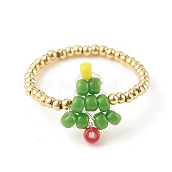 Christmas Tree Glass Seed & Brass Beaded Finger Ring, Braided Jewelry for Women, Colorful, US Size 7 3/4(17.9mm)