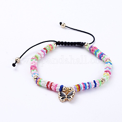 Adjustable Nylon Cord Braided Bead Bracelets, with Polymer Clay Heishi Beads, Alloy Enamel Charms and Real 18K Gold Plated Brass Beads, Butterfly, Black, 1-7/8 inch~3-1/8 inch(4.9~8.1cm)