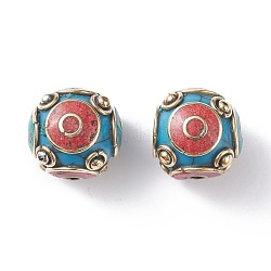 Perles de style tibétain, avec turquoise synthétique, corail synthétique, imitations de cire d'abeille et accessoires en laiton, ronde, bleu foncé, 16x17x17mm, Trou: 2mm