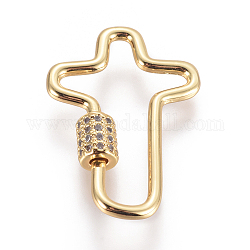 Brass Micro Pave Cubic Zirconia Screw Carabiner Lock Charms, for Necklaces Making, Cross, Clear, Golden, 30x21x2~5.5mm