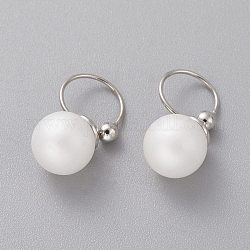 Messing Manschette Ohrringe, mit Acryl Nachahmung Perlen, Runde, cadmiumfrei und bleifrei, Platin Farbe, weiß, 16 mm