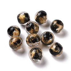 Main feuille de perles de verre au chalumeau d'or, ronde, noir, 8mm, Trou: 1.4mm