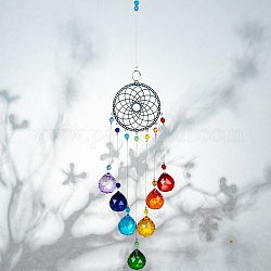 Kristalle Kronleuchter Sonnenfänger Prismen Chakra hängen Anhänger, mit eisernen Kabelketten & Gliedern, Glasperlen und Strass, Blume, Platin Farbe, 445 mm