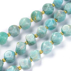 Natur Amazonit Perlen Stränge, mit Glasperlen, sechsseitige Himmelswürfel, 10~10.5x10~10.5 mm, Bohrung: 1 mm, ca. 32~35 Stk. / Strang, 15.55~15.74 Zoll (39.5~40 cm)