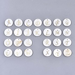 天然淡水シェルのペンダント  金メッキ真鍮エッチング金属装飾付き  アルファベット付きフラットラウンド  アルファベット  a～zの文字  15x2mm  穴：1.2mm  26個/セット