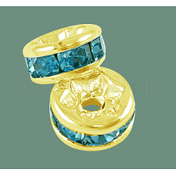 Grado de latón un Diamante de imitación entrepieza de abalorios, oro chapado, rerondana plana, sin níquel, aguamarina, 5x2.5mm, agujero: 1 mm