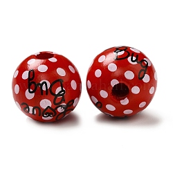 Perline rotonde in legno stampato, rosso e nero, insetto d'amore, parola, 15.5~16x14.5~15mm, Foro: 3.5~5 mm