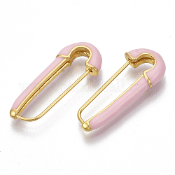 Boucles d'oreilles épingles de sûreté en émail laiton, véritable 18k plaqué or, sans nickel, perle rose, 28x12x4mm, pin: 1 mm