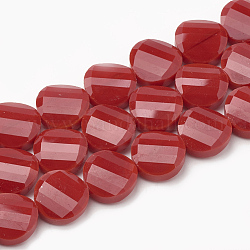 Opaque Solid Color Glass Beads Strands, Faceted, Flat Round, Twisted, Red, 14x6.5mm, Hole: 1mm, about 25pcs/strand, 113.77 inch(35cm)