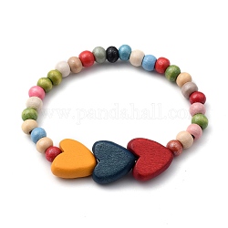 Bracelets d'enfants, bracelets extensibles en bois naturel, cœur, colorées, diamètre intérieur: 2 pouce (5.1 cm)