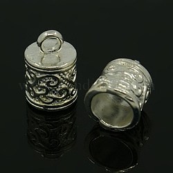 Tibetan Style Cord Ends, Column, Lead Free and Cadmium Free, Silver, 13x8.5x8.5mm, Hole: 2mm