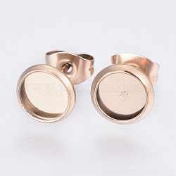 Ion Plating(IP) 304 Stainless Steel Stud Earrings Settings, Flat Round, Rose Gold, Tray: 6mm, Pin: 0.9mm