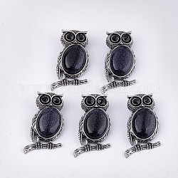 Synthetic Blue Goldstone Brooches/Pendants, with Rhinestone and Alloy Findings, Owl, Antique Silver, 51x28~29x15~16.5mm, Hole: 4.5x8.5mm, Pin: 0.5mm