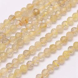 Chapelets de perles en quartz rutiles d'or naturel, facette, ronde, 2mm, Trou: 0.5mm, Environ 223 pcs/chapelet, 15.3 pouce (39 cm)