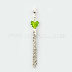 Handmade Silver Foil Glass Tassel Pendant Decorations, Iron Chains and Alloy Lobster Claw Clasps, Lawn Green, 100mm